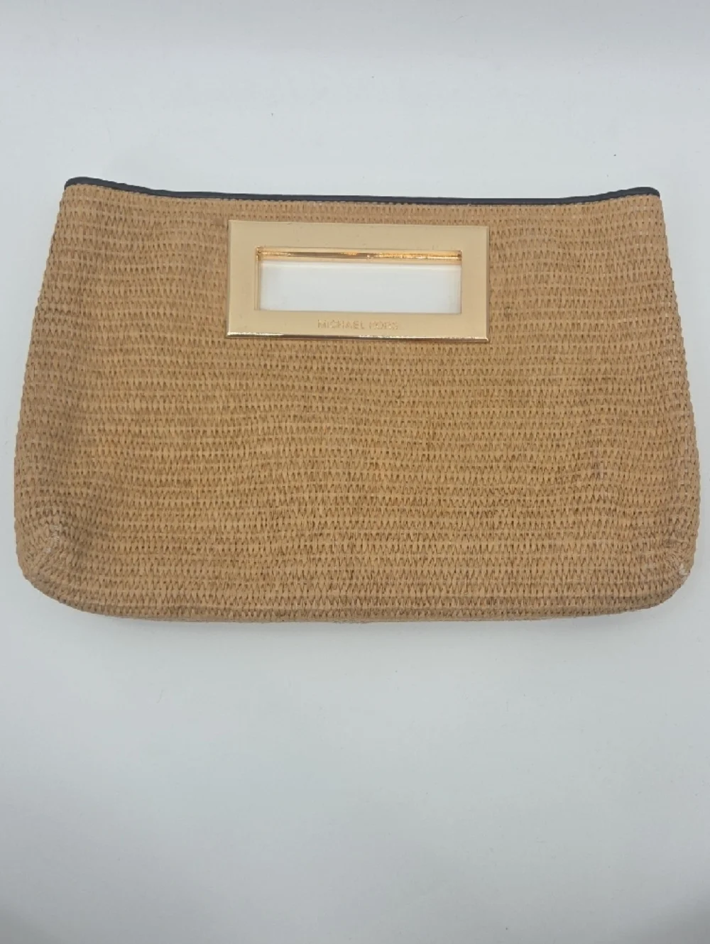 Michael Kors Tan Woven Clutch with Gold Handle Detail